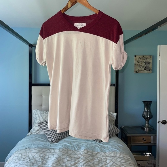 THE GREAT. The Athletic Tee in Washed White & Red Maroon Burnout Rolled Sleeve 0 - Picture 2 of 7